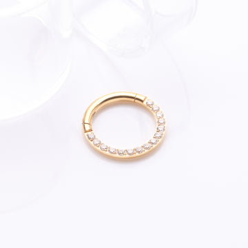 Detail View 1 of Implant Grade Titanium Golden Brilliant Sparkle Gems Front Lined Clicker Hoop Ring-Clear Gem